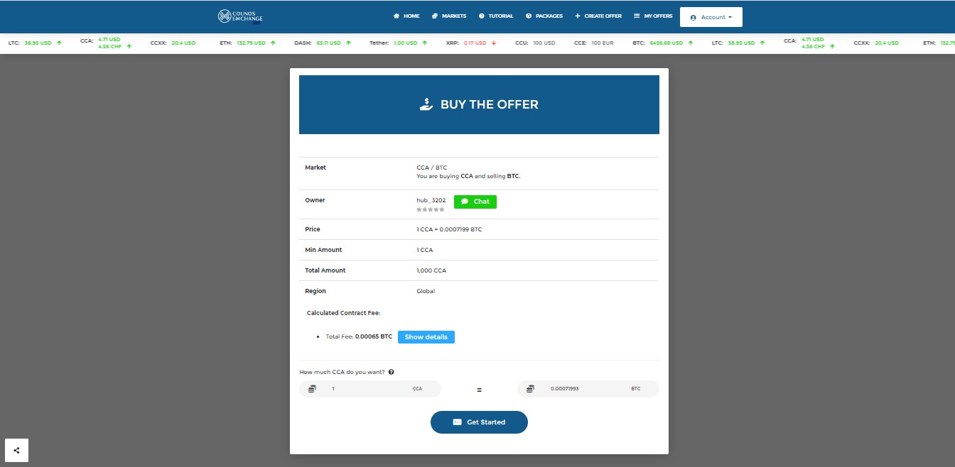 After you found your desired market, click on buy to enter the contract with the other party, in order to pay Bitcoin and get CCA