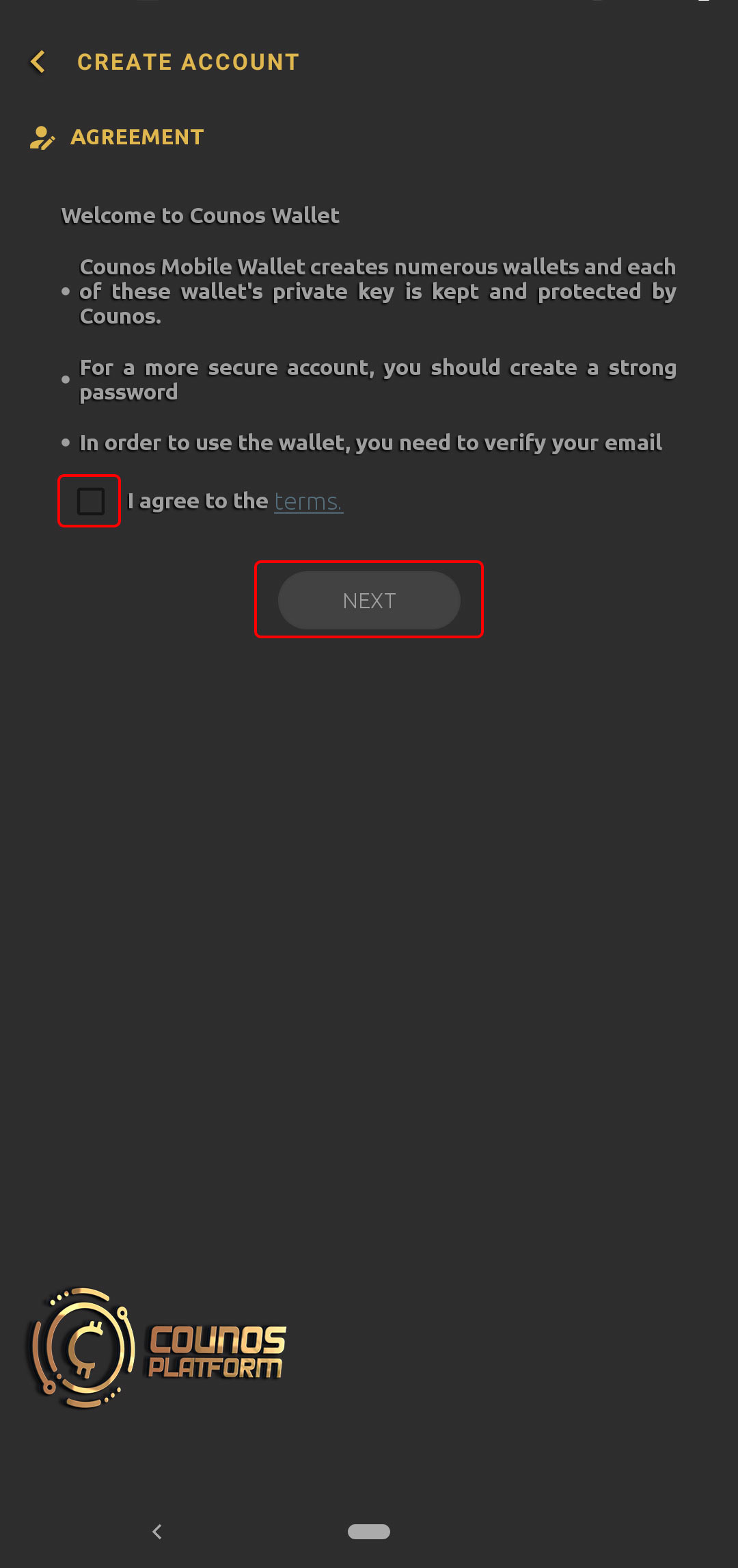 In this page, read the rules of Counos           Platform and after accepting them tap NEXT.