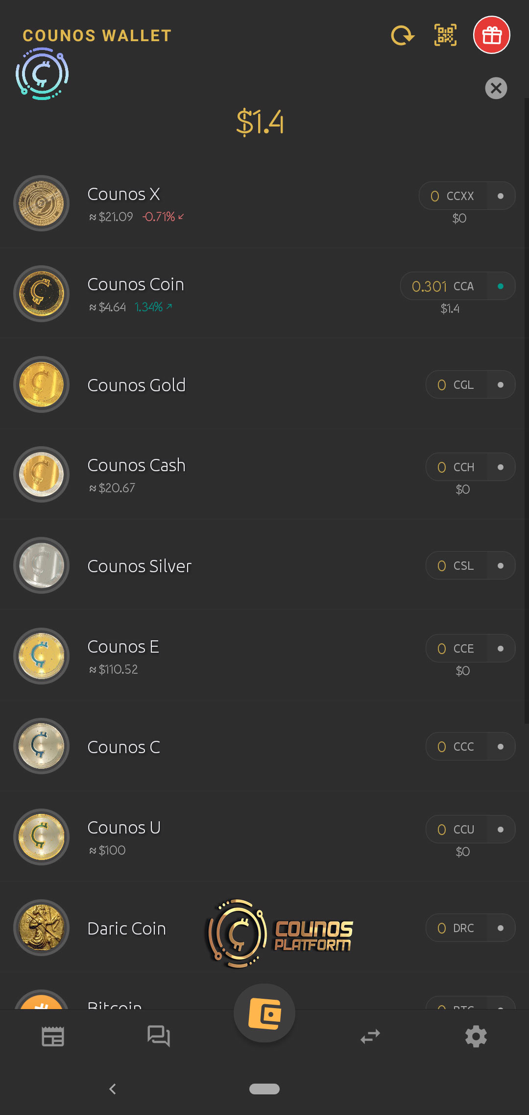 this main button will take you to the main page of the Counos         Mobile Wallet 1.9.0 in which you can see the list of all cryptocurrencies and also the balance for each coin and all the total balance in U.S. dollar